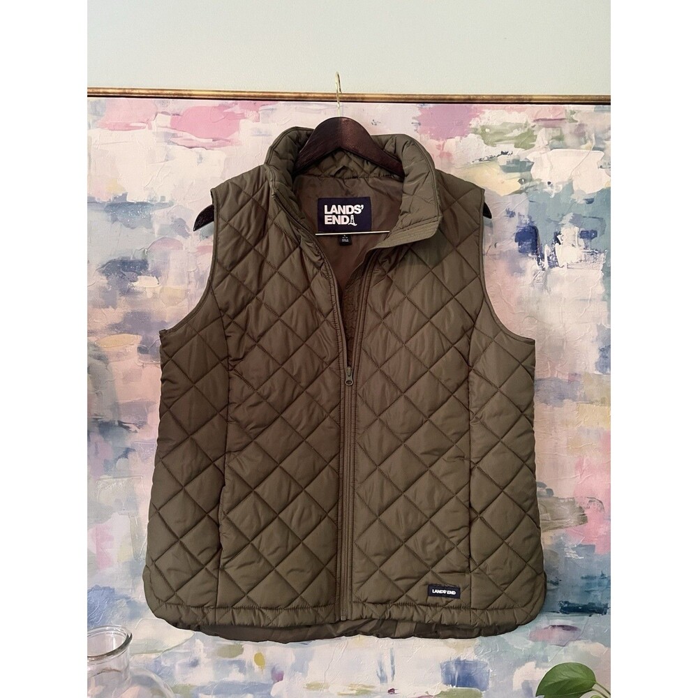 Lands' End Quilted Puffer Vest Women's Large Olive Green Diamond L